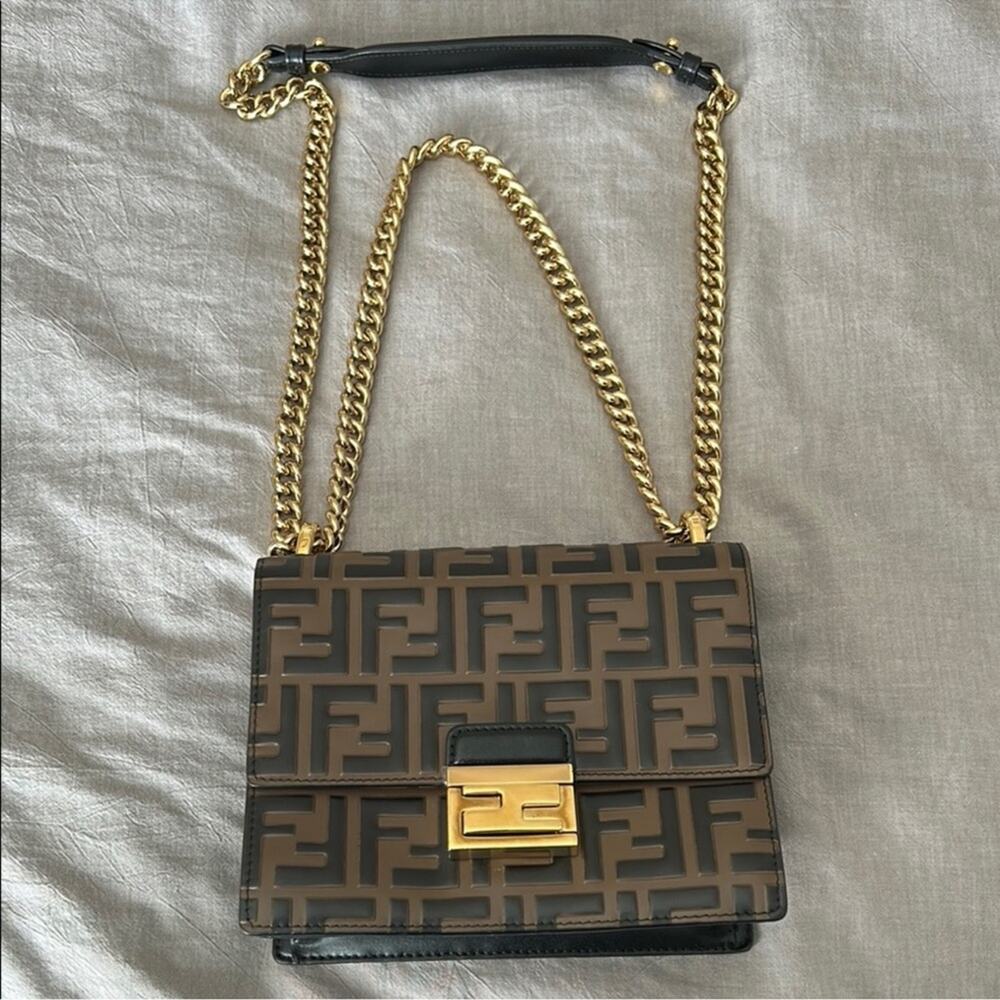 Fendi Small Kan U Ff Pattern Shoulder Bag In Brown chain strap - Picture 1 of 9